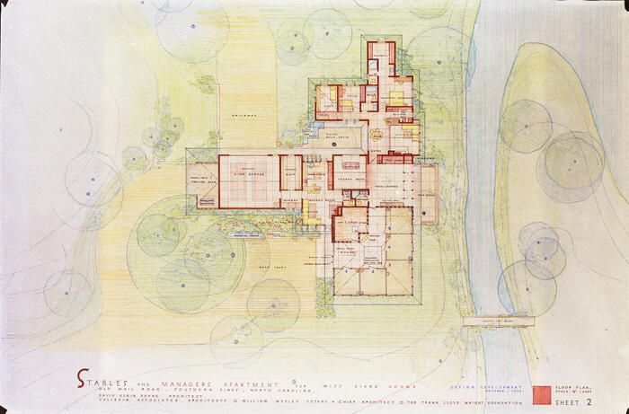 Presentation Drawing: Floor Plan of Stables and Manager's Apartment, House and Estate Buildings for Diana Dodge ("Ponds and Pines")